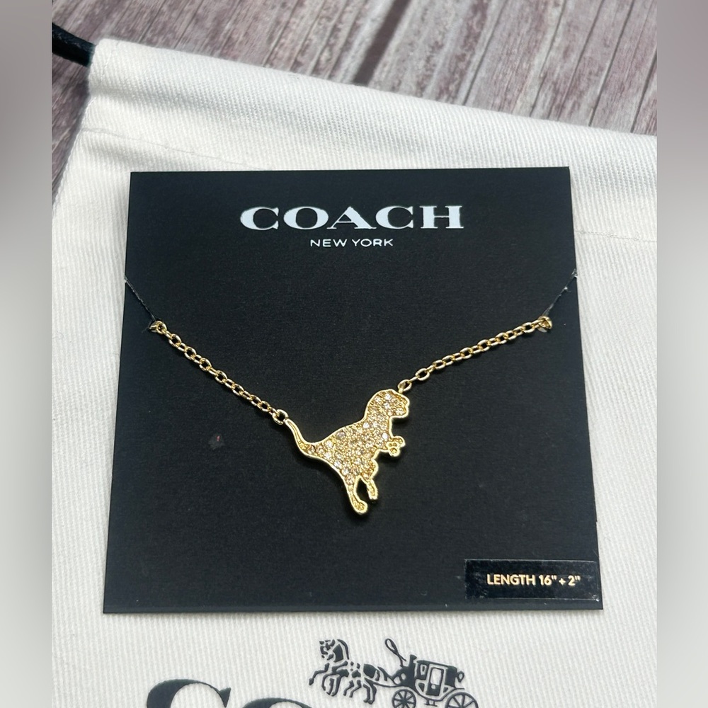 NWT COACH Signature Pave Diamond Gold Rexy Dinosaur T-Rex Necklace + Dust Bag - Picture 2 of 7